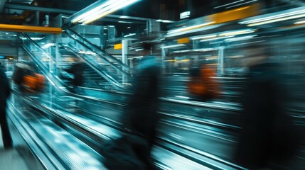 Poster - Fast-moving workers on a conveyor system in a busy manufacturing environment, captured with motion blur, showcasing the energy and dynamics of industrial operations.