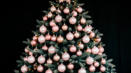 Wall Mural - a close-up view of a decorated christmas tree with pink and gold ornaments against a black backgroun