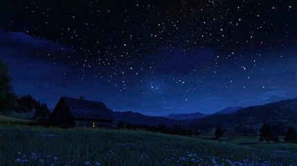 Wall Mural - Serene Night Sky Over Tranquil Countryside With A Cozy Cabin, Glimmering Stars And Majestic Mountains Under A Starry Night