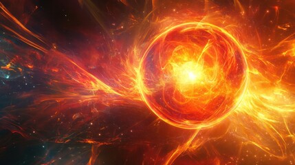 Fototapete - A glowing sphere of vibrant energy, swirling with bright orange and red hues, resembling an atomic explosion in a quantum dimension
