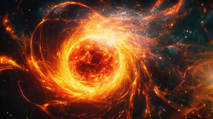 Fototapete - A glowing sphere of vibrant energy, swirling with bright orange and red hues, resembling an atomic explosion in a quantum dimension