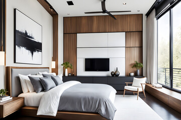 Wall Mural - modern living room with fireplace, interior of a bedroom with a bed