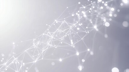 Poster - internet technology with intricate geometric shapes and luminous particles floating against a white backdrop.