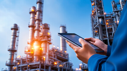 Poster - Technologists operate digital devices to monitor industrial processes at a modern plant environment for enhanced efficiency and safety