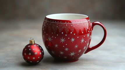 Wall Mural - A shiny red mug with a Christmas ornament pattern, each decorated with glittering stars and festive bows.