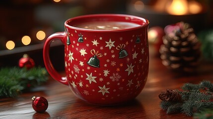 Wall Mural - A shiny red mug with a pattern of festive stars, Christmas bells, and mistletoe, designed to wrap around the mug surface.