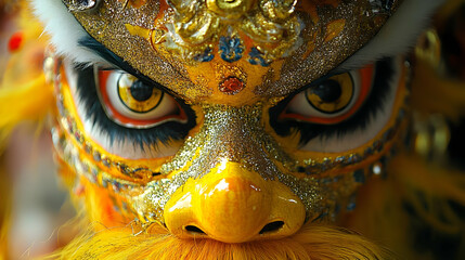 Close-up of a Golden Lion Dance Mask