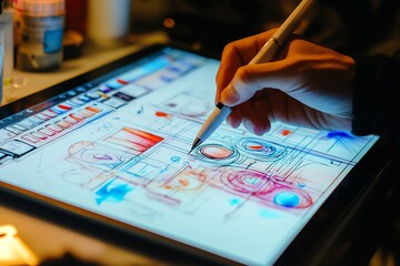 Leinwandbilder - A hand uses a stylus to draw on a digital tablet.