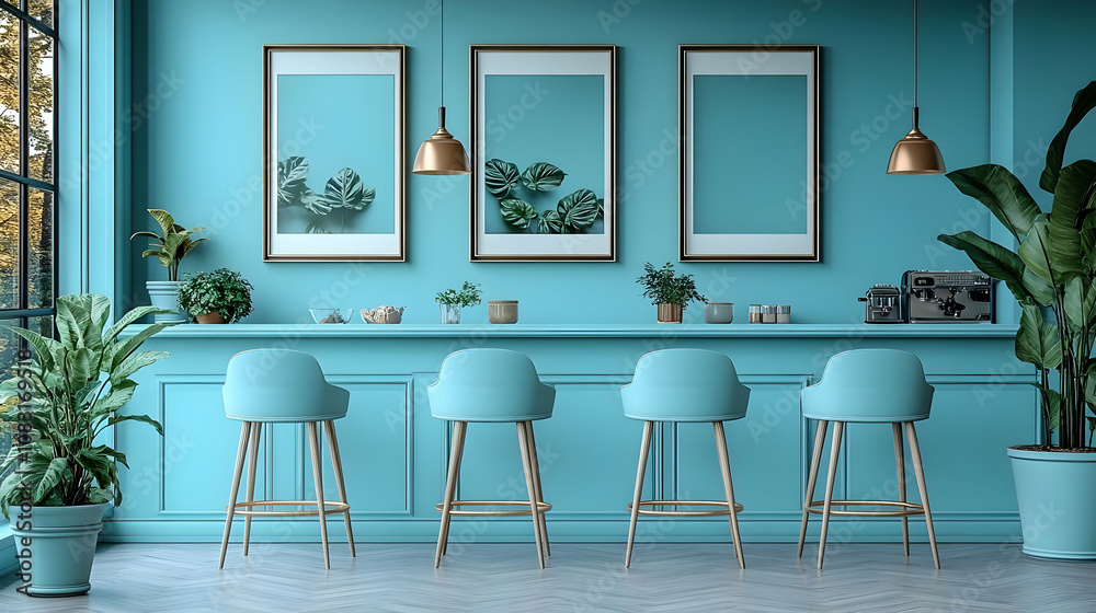 Blue and Gold Interior Design Bar Counter with Stools - 3D Illustration ...