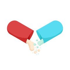 Wall Mural - Open capsule and drug powder spilling out. Red and blue parts of pill, falling antibiotic or antidepressant, painkiller medication ingredients or multivitamin supplement cartoon vector illustration