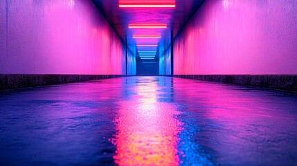 Sticker - Neon lights illuminate a wet hallway, creating a vibrant and futuristic atmosphere.