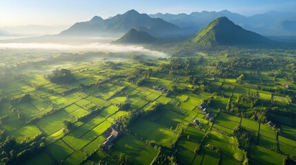 Poster - Aerial view of lush green fields and mountains under a clear sky.