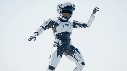 Fototapete - A futuristic humanoid robot in a dynamic pose against a minimalistic background.