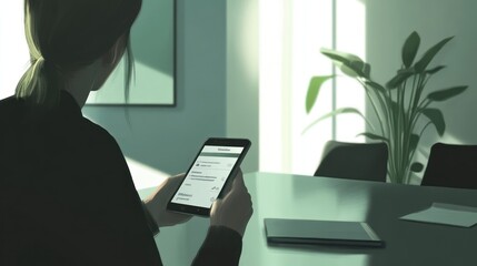 Poster - A person using a tablet in a modern office setting with a plant in the background.