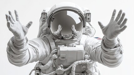 Poster - An astronaut in a spacesuit with outstretched hands against a white background.