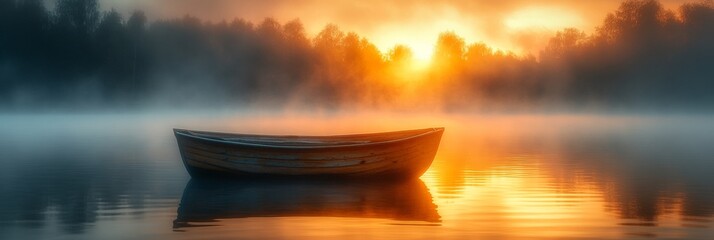 Wall Mural - A small wooden boat sits peacefully on a misty lake at sunrise.