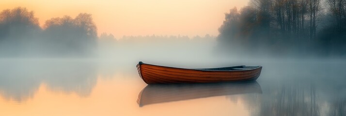 Wall Mural - A wooden rowboat sits alone on a misty lake at sunrise.