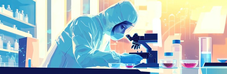 Poster - a scientist in protective gear analyzes samples under a microscope in a laboratory.