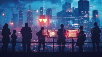 Poster - Silhouettes against a futuristic cityscape with digital elements and heart icons.