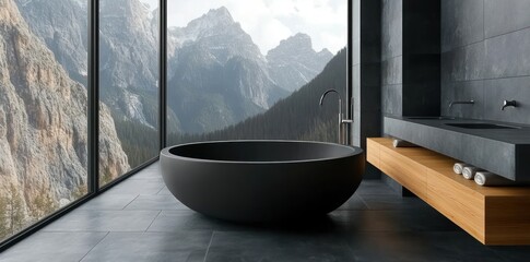 Poster - Modern bathroom with a panoramic mountain view and minimalist design.