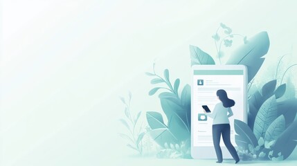 Poster - A woman interacts with a smartphone amidst stylized foliage, symbolizing digital connection.