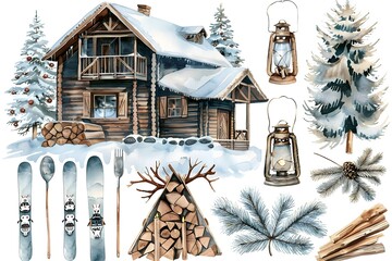 Poster - Christmas design elements, vector set happy merry christmas snowman card Christmas decorative banner with funny Santa Claus, nutcracker, locomotive and gift boxes and many others. Christmas and happy