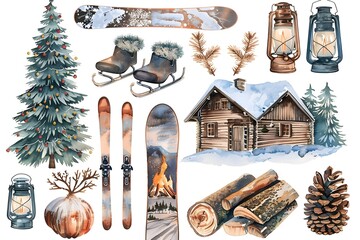 Poster - Christmas design elements, vector set happy merry christmas snowman card Christmas decorative banner with funny Santa Claus, nutcracker, locomotive and gift boxes and many others. Christmas and happy