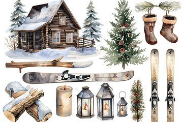 Poster - Christmas design elements, vector set happy merry christmas snowman card Christmas decorative banner with funny Santa Claus, nutcracker, locomotive and gift boxes and many others. Christmas and happy