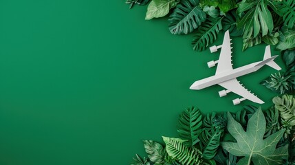 Poster - An airplane icon crafted from recycled paper, placed on a lush green background, promoting eco friendly travel and sustainable tourism.