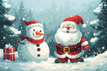 Poster - Christmas design elements, vector set happy merry christmas snowman card Christmas decorative banner with funny Santa Claus, nutcracker, locomotive and gift boxes and many others. Christmas and happy