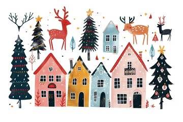 Poster - Christmas design elements, vector set happy merry christmas snowman card Christmas decorative banner with funny Santa Claus, nutcracker, locomotive and gift boxes and many others. Christmas and happy