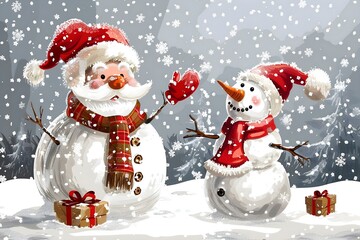 Poster - Christmas design elements, vector set happy merry christmas snowman card Christmas decorative banner with funny Santa Claus, nutcracker, locomotive and gift boxes and many others. Christmas and happy