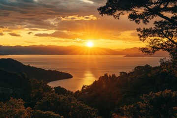Fototapete - A stunning sunset over a serene landscape, showcasing nature's beauty and tranquility.