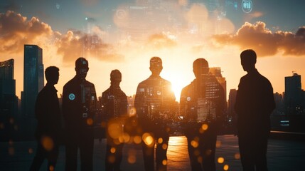 Poster - Silhouetted figures against a sunset, symbolizing teamwork and innovation in a digital world.
