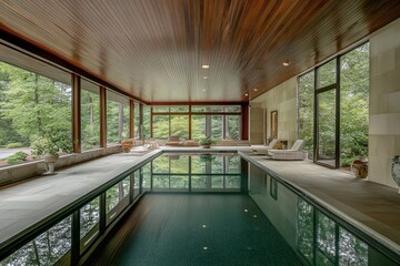 Fototapete - Indoor swimming pool area with large windows and natural surroundings.