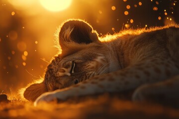 Aufkleber - A serene lion cub resting peacefully in warm, golden sunlight.