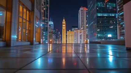 Poster - A nighttime cityscape featuring illuminated buildings and a clock tower.