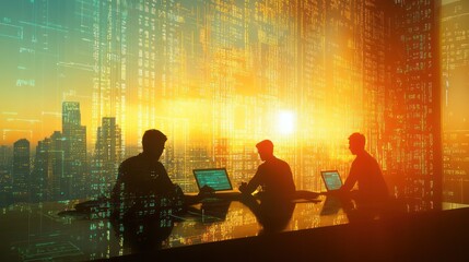 Aufkleber - Silhouettes of professionals working with laptops against a sunset cityscape backdrop.