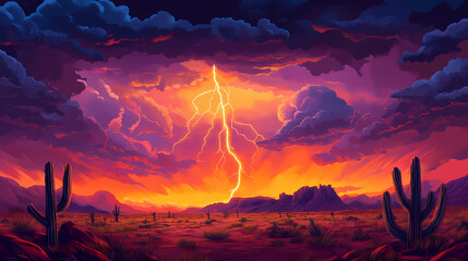 Wall Mural - Desert monsoon. thunderstorm with lightning in dramatic storm clouds at sunset. Monsoon. Illustration