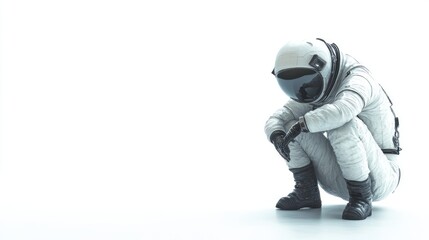Poster - A solitary astronaut in a reflective pose against a bright, minimalistic background.