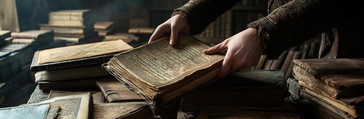 Poster - Hands holding an old book amidst a collection of antique volumes in a library.