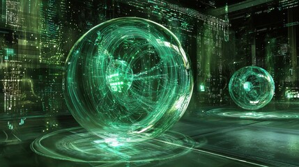 Poster - futuristic green digital sphere in urban background
