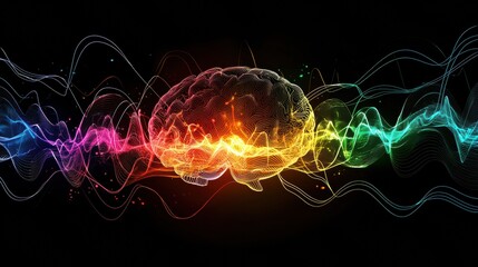 Poster - Colorful Brain with Sound Waves on Black Background