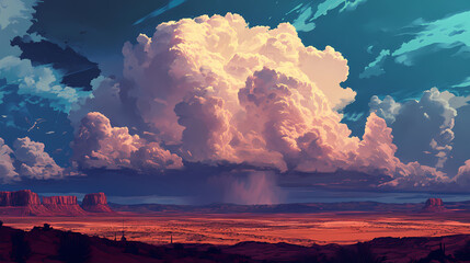 Wall Mural - A dramatic image of storm clouds rising over a vast desert landscape, perfect for a product backdrop or international film festival poster. Monsoon. Illustration