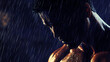 © Thiago - A rugged man, drenched in a monsoon downpour, his muscled form illuminated by low light. Monsoon. Illustration