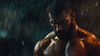 © Thiago - A rugged man, drenched in a monsoon downpour, his muscled form illuminated by low light. Monsoon. Illustration