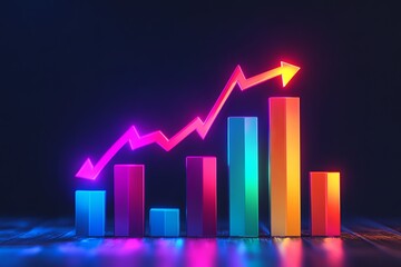 Poster - Colorful bar graph with an upward trend displayed on a dark background representing positive growth and data analysis. Generative AI