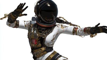 a stylized astronaut figure adorned with intricate gold designs and accessories in a dynamic pose.