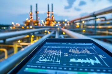 Poster - A tablet displaying data in an industrial setting with refineries in the background.