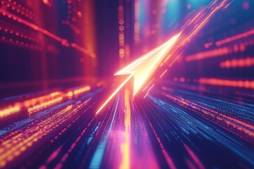 Fototapete - Abstract digital landscape with vibrant colors and light trails depicting data flow in a futuristic setting. Generative AI
